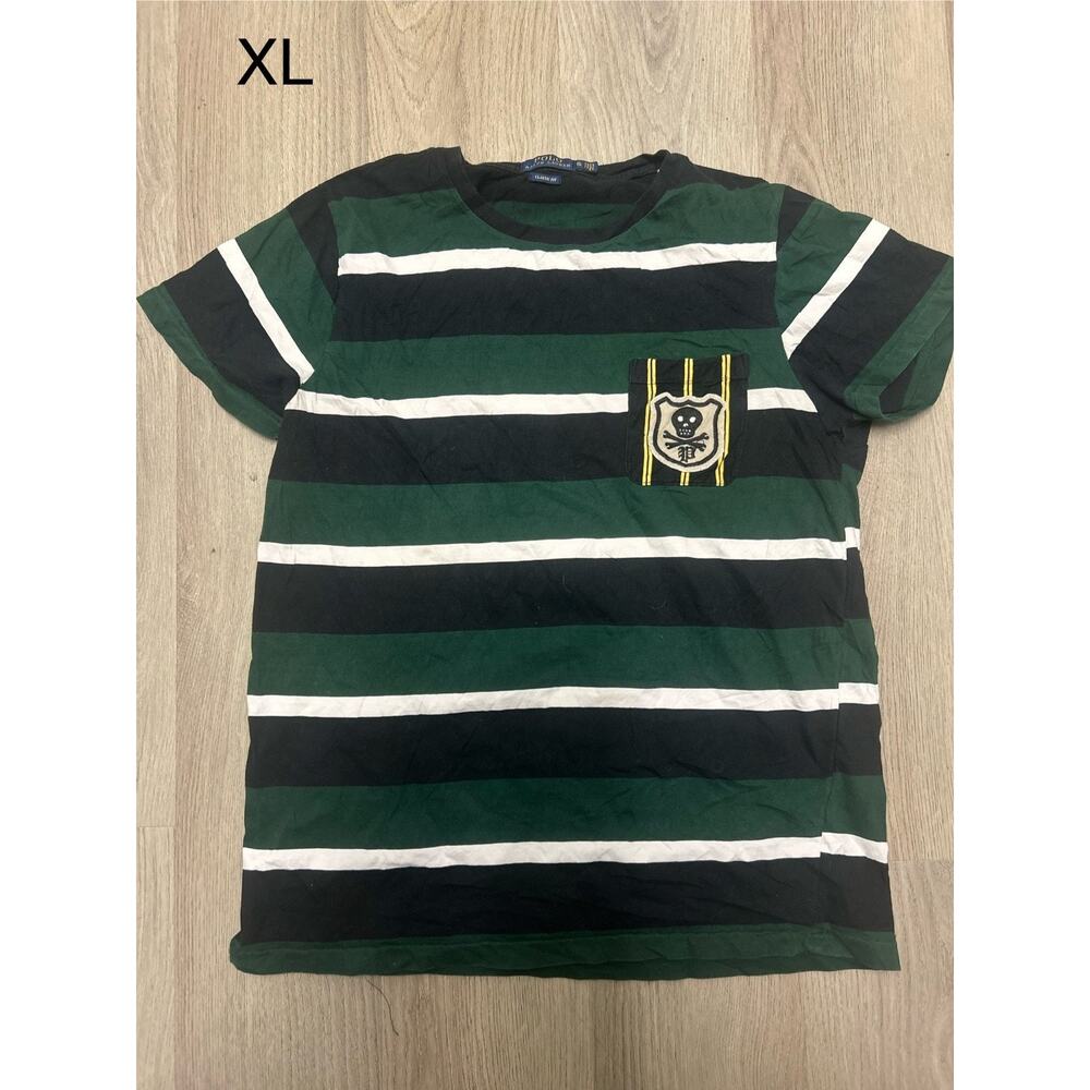 Polo Ralph Lauren Shirt Men's XL Green Black Striped Skull & Bones Jolly Roger